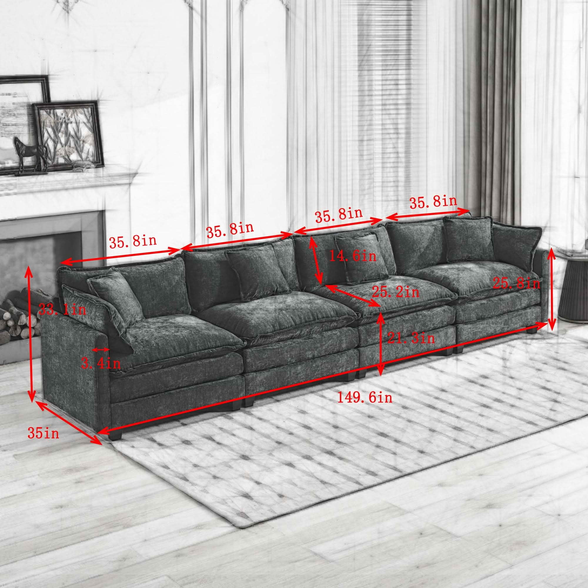 MAYEERTY 149.6 Inch Cloud 4‑Seater Modular Sectional Sofa, Chenille Couch with Double‑Layer Seat Cushion for Home Apartment, Ottoman Not Included
