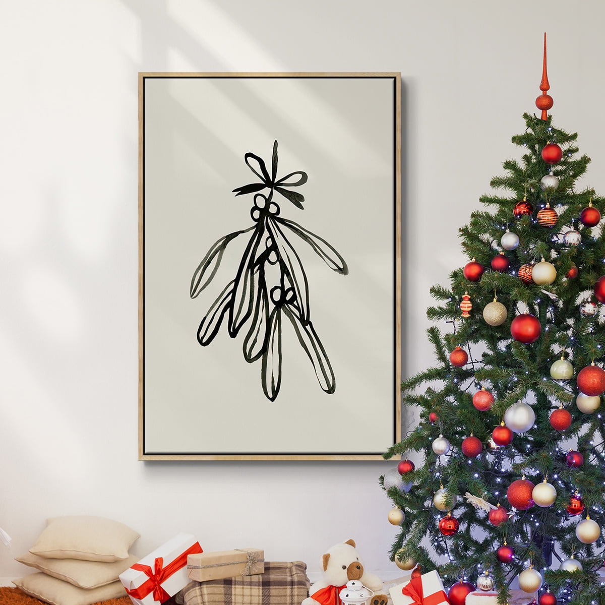 Mistletoe Sketch with Bows II - Framed Gallery Wrapped Holiday Canvas - 17 x 25 - Natural Wood Frame