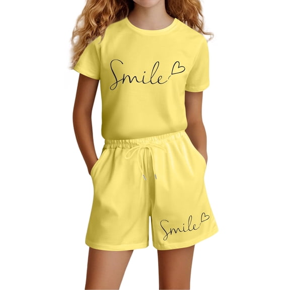 Xijirk Girls Outfits Casual Playwear Set Short Sleeve Top and Pocket Shorts Two Piece Summer Outfit for Play Dates Outdoor Adventures and Comfortable Daily Activities,Yellow,13-14 Years