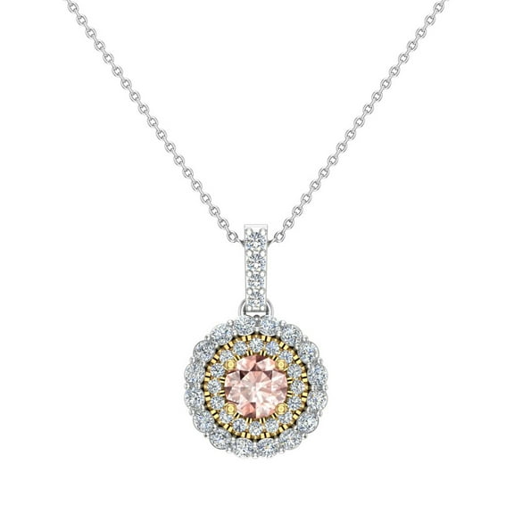Round Cut Pink Morganite Double Halo 2 Tone Necklace 14K Gold 1.10 CTW