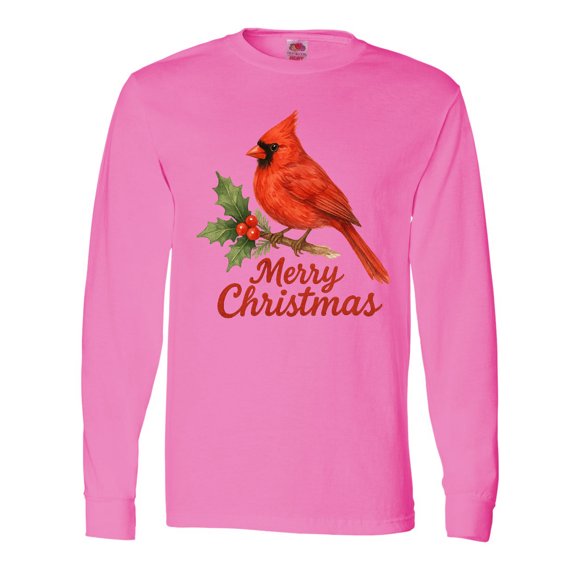 Inktastic Merry Christmas Cardinal with Holly Long Sleeve T-Shirt