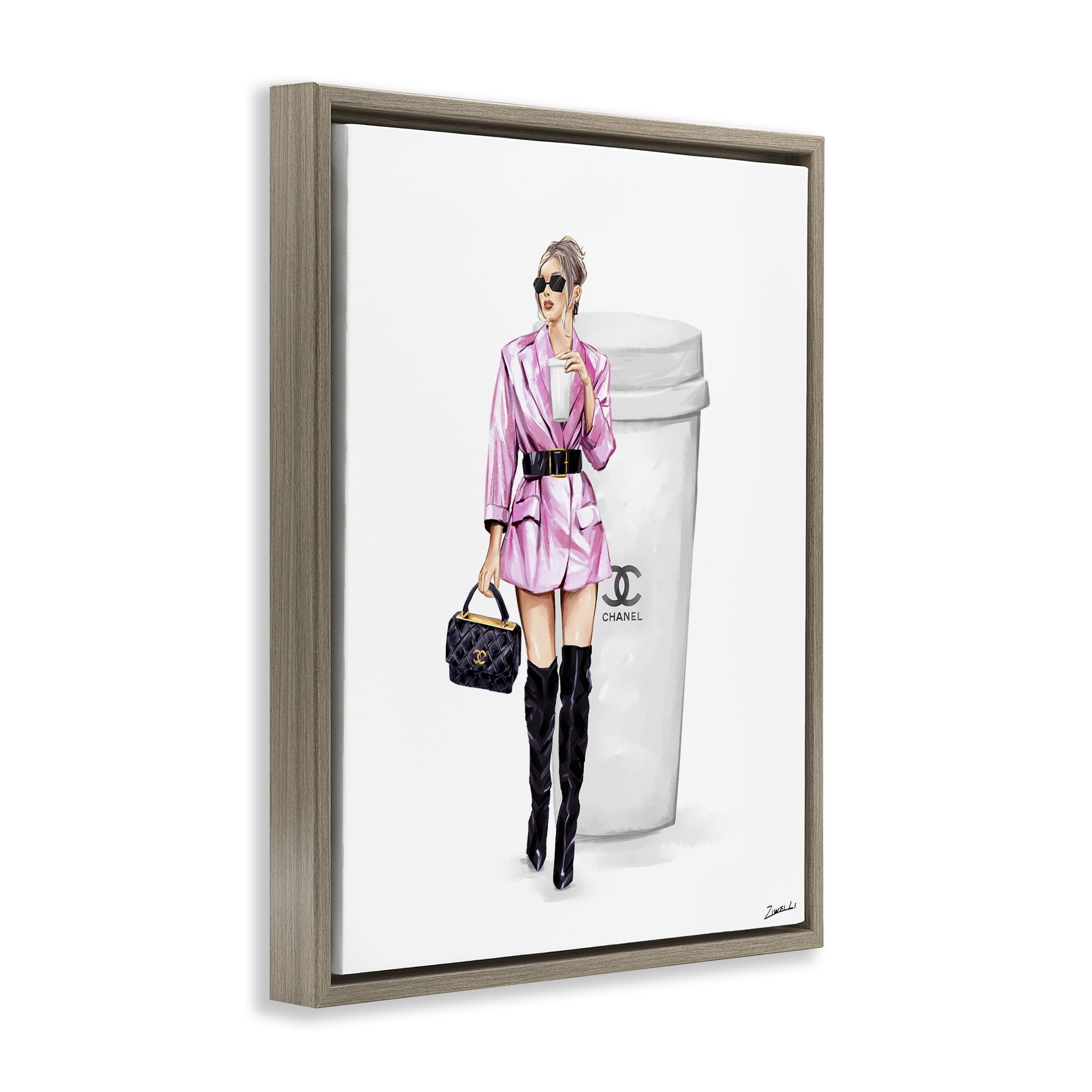 Stupell Industries Trendy Girl with Coffee Novelty Painting Brown Floater Framed Art Print Wall Art, 25 x 31