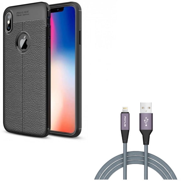 Charger Cord 10ft USB Cable w PU Leather Case for iPhone XS Max - Power Wire Braided Long Sync and Slim Fit Cover Reinforced Bumper Shock Absorbent Black