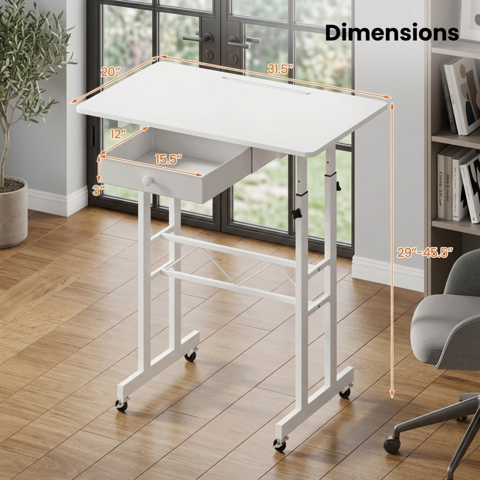 Furnibear Height Adjustable Standing Laptop Desk with Fabric Drawer Tablet Holder Lockable Wheels and Sit Stand Design for Home Office, White