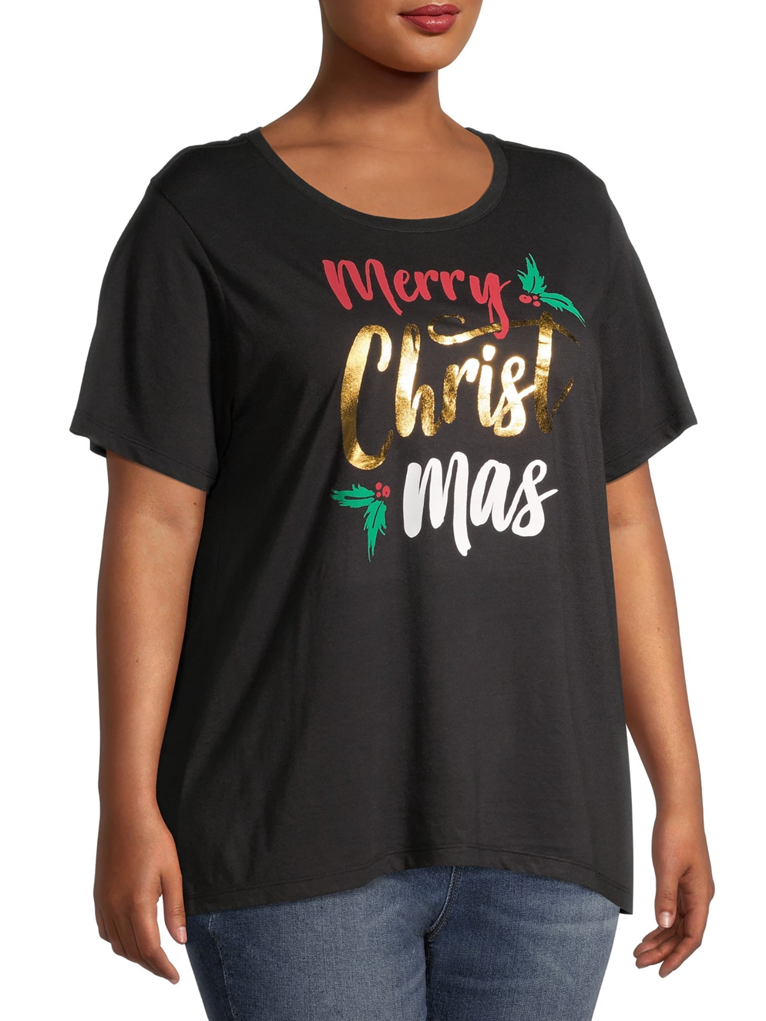 Holiday Time Women's Plus Size Festive Short Sleeve Crewneck T-Shirt