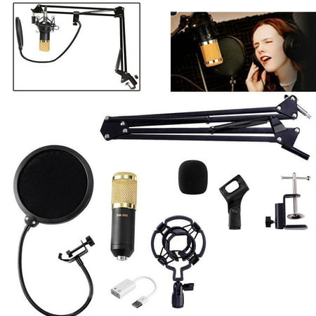 BM-800 Professional Studio Broadcasting Recording Condenser Microphone with Mental Shock Mount Phone Stand Filter and Sound Card (Black