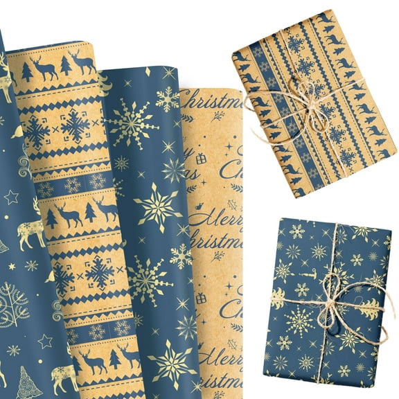Christmas Wrapping Paper Set - Navy & Gold Design, 12 Sheets 4 Patterns for Holiday Gifts & Party Decor