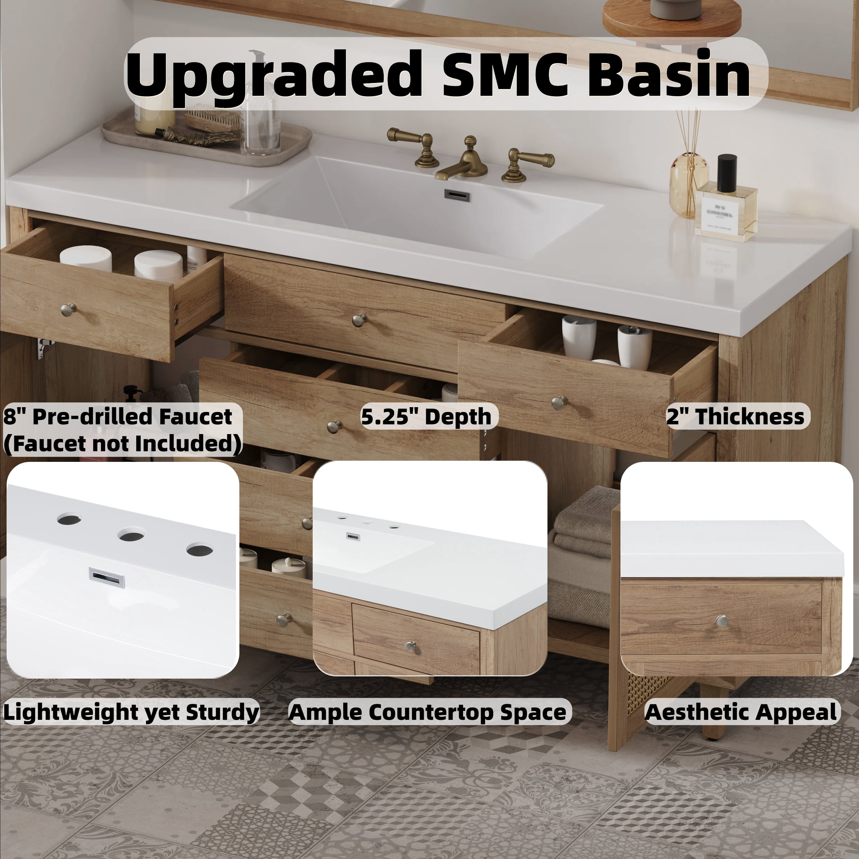 Euroco 60" Bathroom Vanity with SMC Sink, Modern Large Storage Bathroom Storage Cabinet with Soft Close Drawers and Rattan Doors, Silver Metal Knobs and 5 Pine Legs, Natural