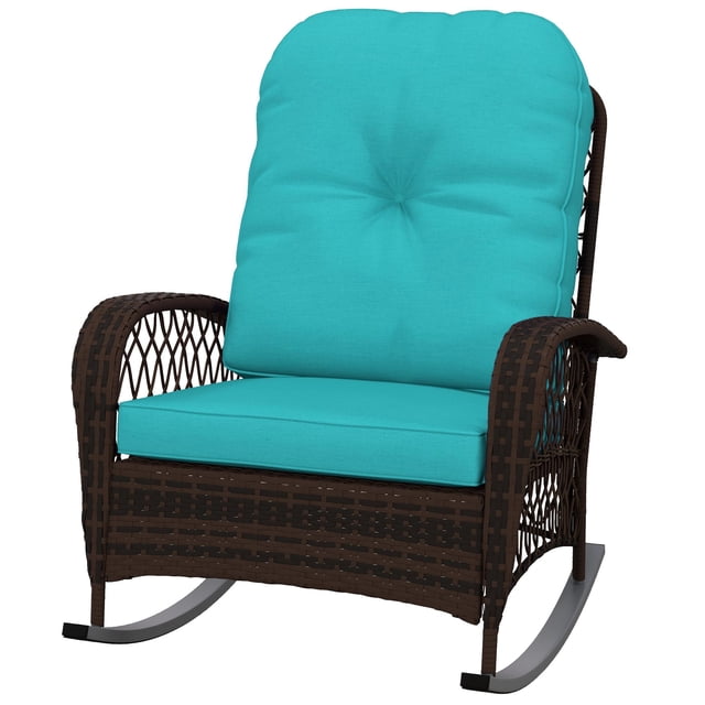Outdoor Wicker Rattan Rocking Chair with Thick Turquoise Cushions, Heavy-Duty Steel Frame Patio Rocker for Garden, Backyard, Porch and Conservatory, 29.5"W x 38.6"D x 35.8"H