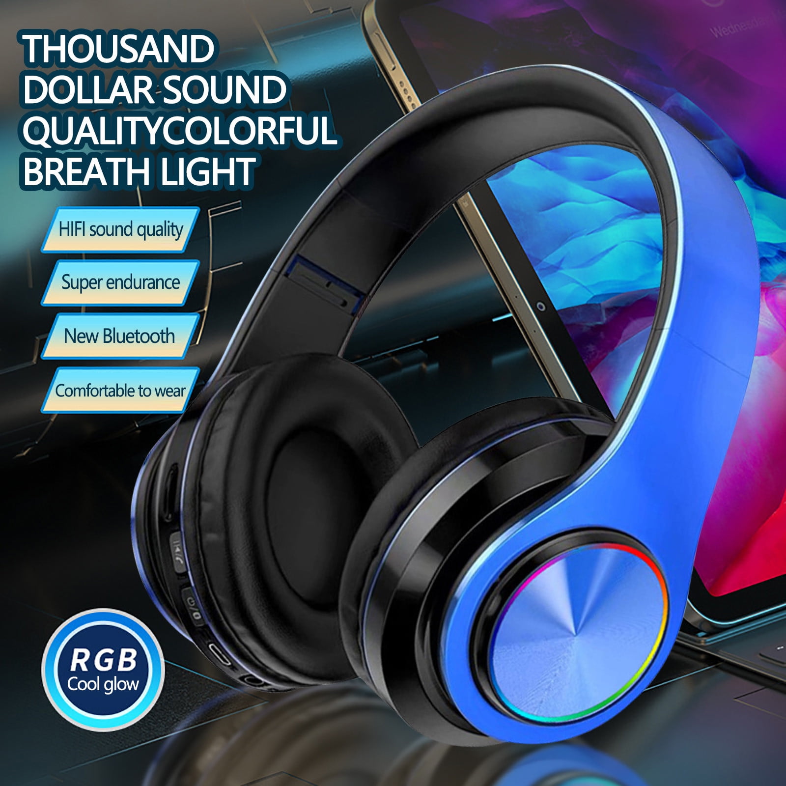 Bluetooth Headphones Over-Ear, Foldable Wireless and Wired Stereo Headset Micro SD/TF, FM for Cell Phone,PC,Soft Earmuffs &Light Weight for Prolonged Wearing,Blue