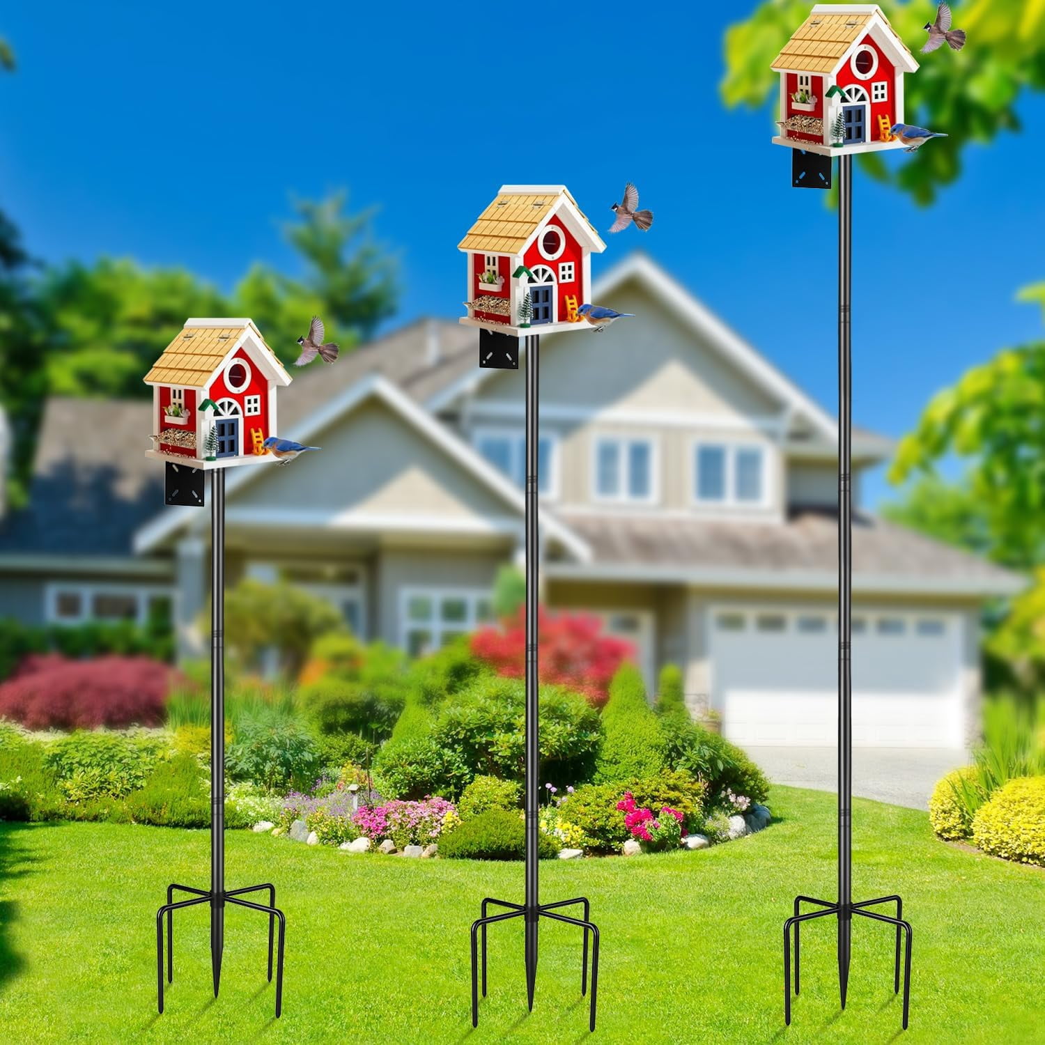 Bird Feeder Pole, Heavy Duty Birdhouse Pole with Spiked Baffle & 2 Tray, Adjustable Wild Bird Feeding Station Hanging Pole for Outdoors, Yard, Garden Decor (Without Birdhouse)