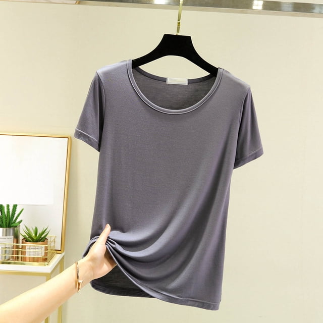 Yourumao Pyjamas Doux pour Femmes Chemises Confortables à Col Rond Amples Blouses Légères à Manches Courtes Basiques T-Shirts Unis Été Haut Classique