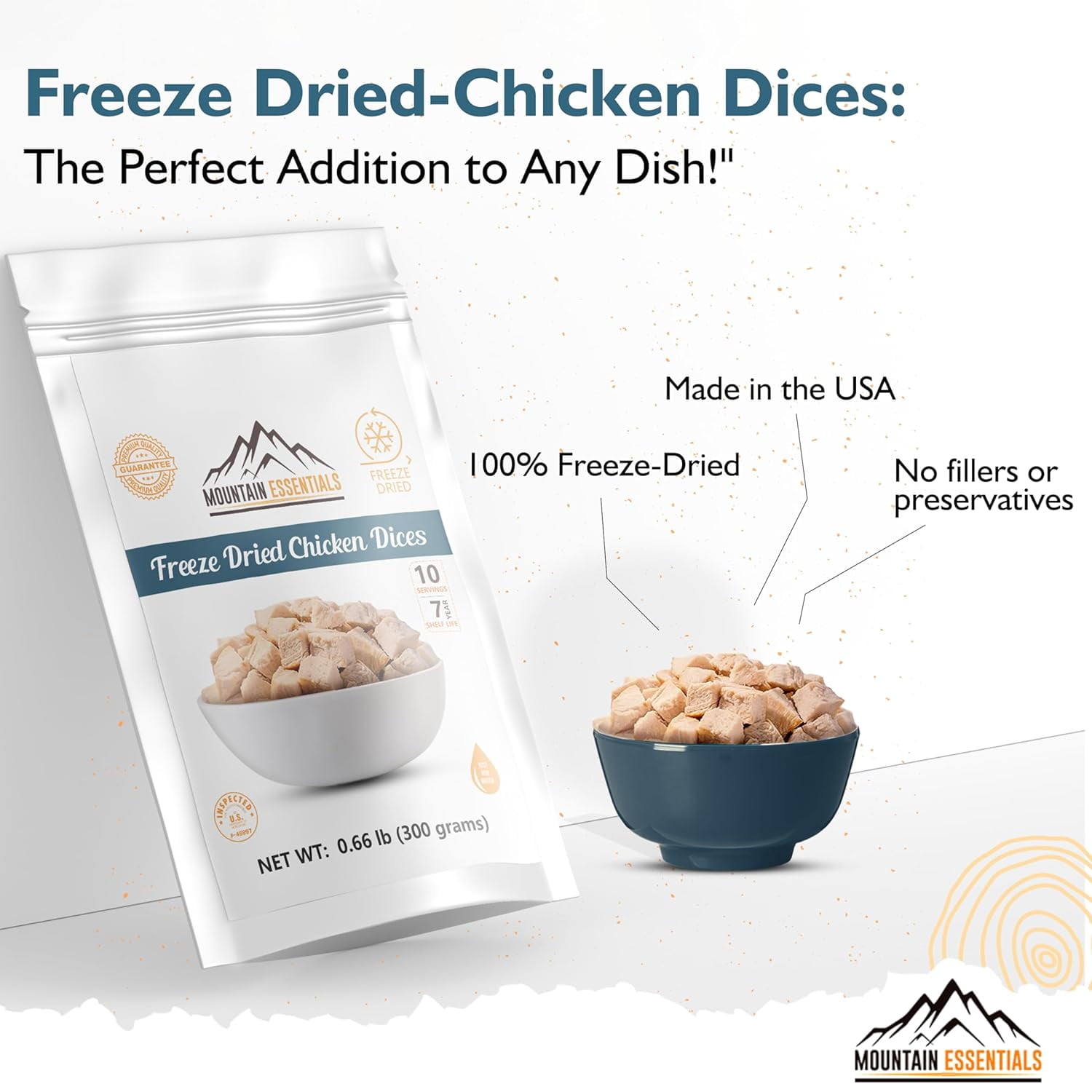 (Pack of 1) MOUNTAIN ESSENTIALS Freeze Dried Chicken Dices | Emergency Survival Bulk Food Storage Home Meals Hunting, Survival, Camping, Backpacking Food | 10 Servings 300g Pouch