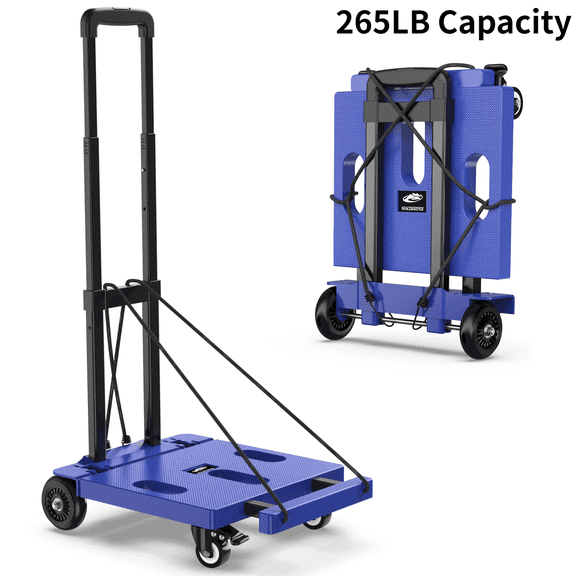 Foldable Dolly, Heavy Duty Dolly Cart, Hand Trucks Dolly, Fold Hand Trucks with 4 Wheels & 2 Elastic Ropes, 265 LB Dolly Cart Luggage Cart for Moving, Traveling and Shopping, Blue, 4 Wheels