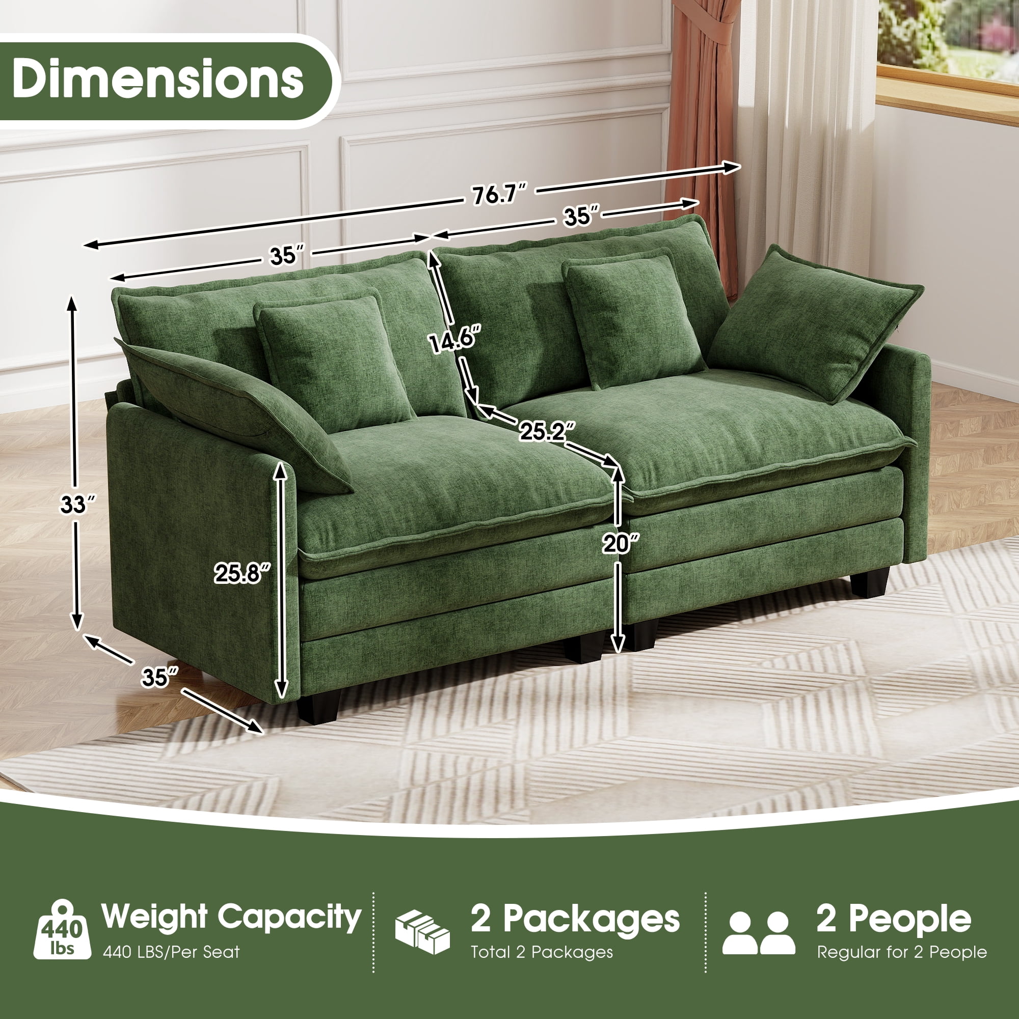 BedLuxury 76.7’’ Loveseat Sofa, Modern Chenille Sectional Sofa Cloud Couch for Living Room, Apartment, Office, 2-Seat, Green