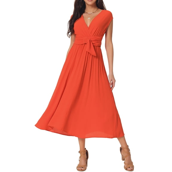Unique Bargains Women's Sleeveless Wrap V Neck Flowy Ruffle Pleated Midi Dress with Belt XL Orange Red