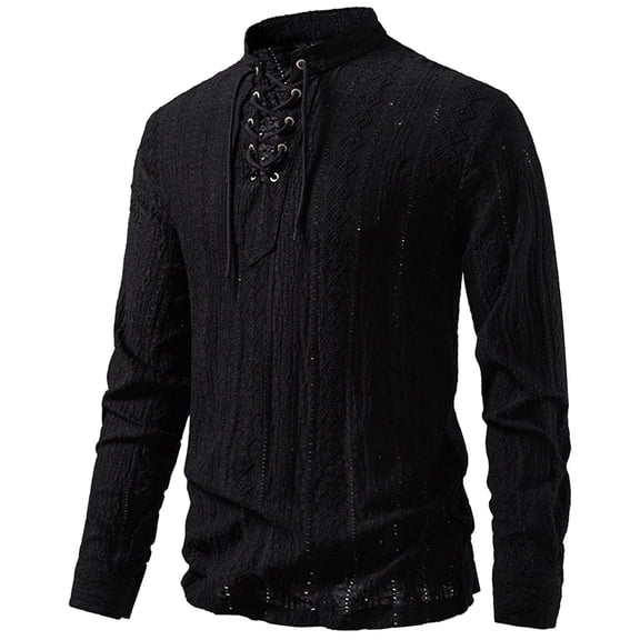 oqasdz Men Retro Drawstring Tie Long Sleeve Shirt Elegant Button Down Comfort Breathable formal Shirt Stretch Soft Summer Dailywear