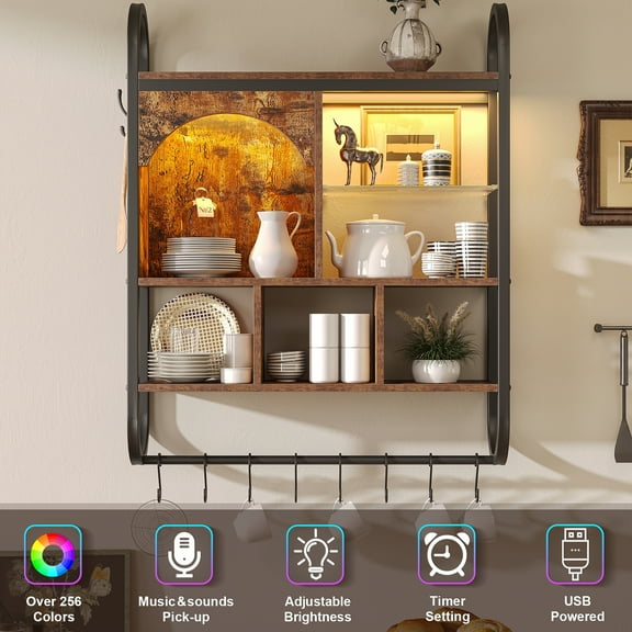 Floating Shelf with LED Light and 10 Hooks, Wood Wall Mounted Display Shelf for Living Room, Bedroom, Gaming Shelves, Brown