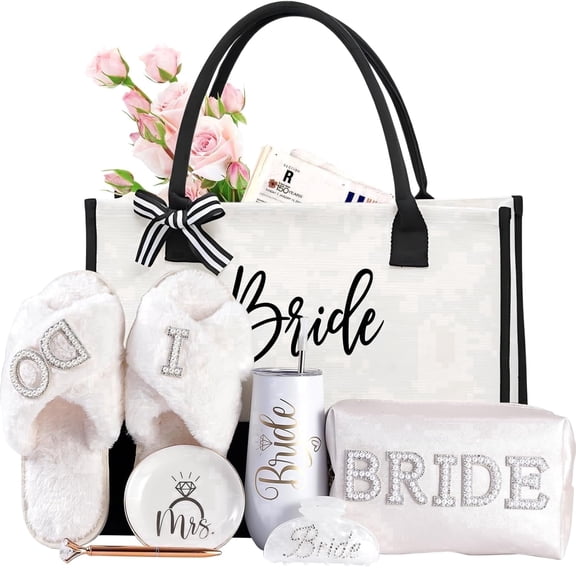 Bride To Be Gift Set ,7Ps Bride Gift Set with Tumbler,Makeup Bag, Slippers, Hair Clip,Ring Dish,Diamond Shaped pen for Bridal Shower Gifts, Wedding Gifts for Bride,Bachelorette Gifts for Bride