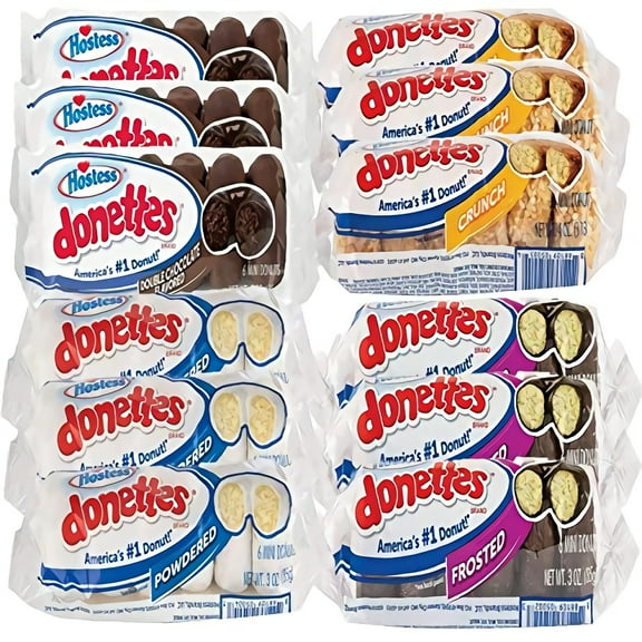 Hostess Donettes Variety | Powdered, Frosted, Double Chocolate, and Crunch | 12 Packs (72 Donettes)