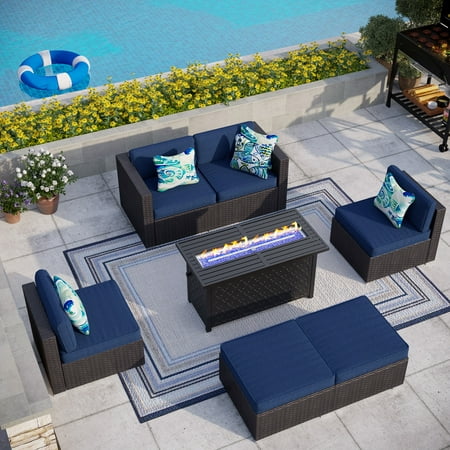 MF Studio 7 Piece Outdoor Sectional Furniture Sets with 45" 50,000 BTU Gas Fire Pit Table