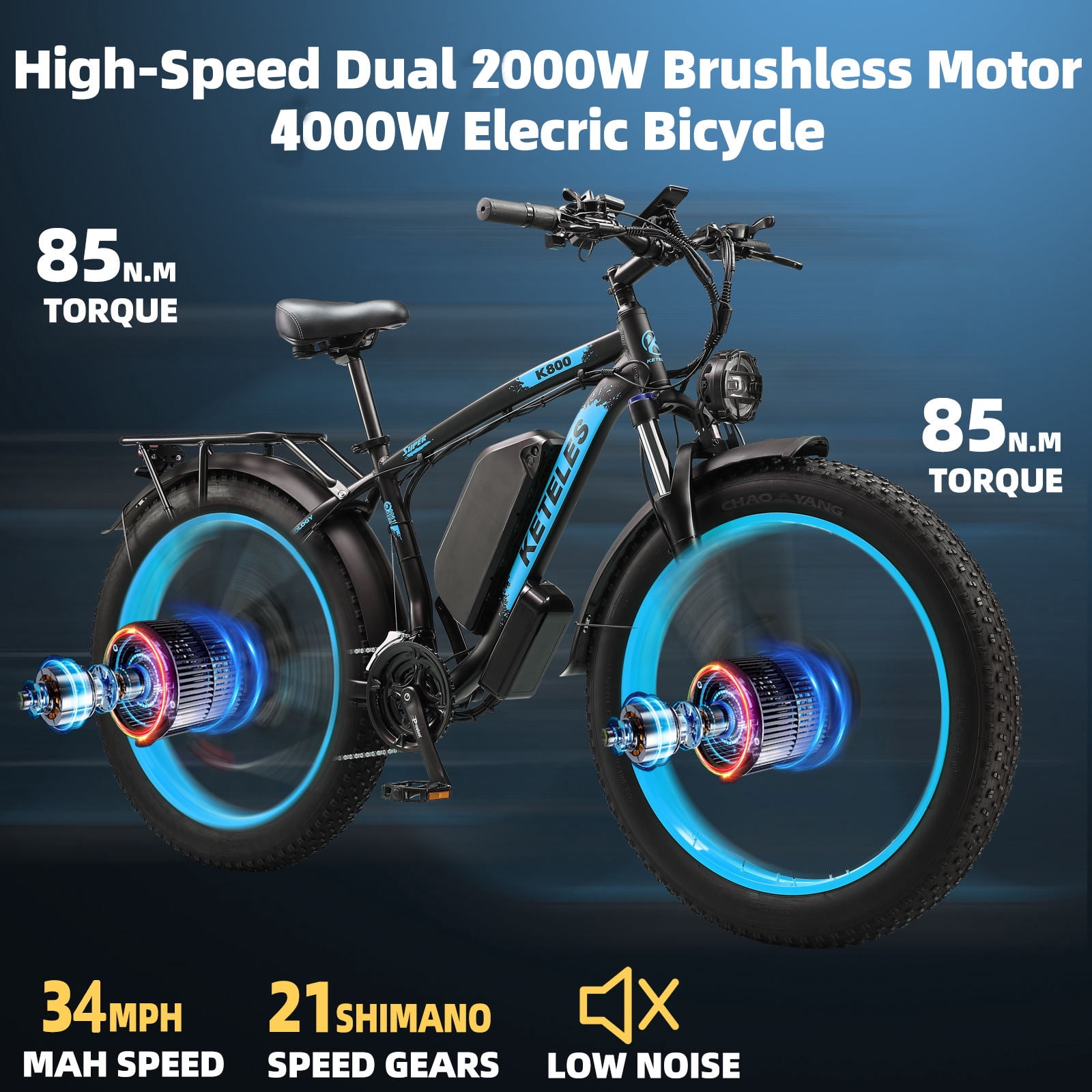 KETELES Electric Bicycle for Adults, Awd Ebike Dual Motor , 26'' Fat Tire Peak 4000W Mountain Ebikes with 48V 23AH Battery 21 Speed Ebike UL 2849.