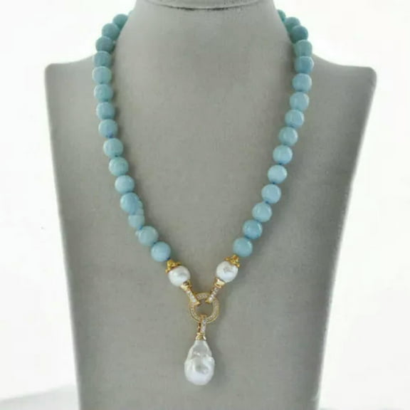 K-KED Natural Blue Aquamarine Gems Beaded White Keshi Baroque Pearl Pendant Necklace-14mm-18 in