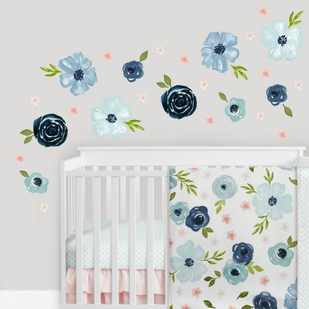 UPC: 0846480084228 | Watercolor Floral Navy Blue And Pink Wall Decal (Set of 4) by Sweet Jojo Designs