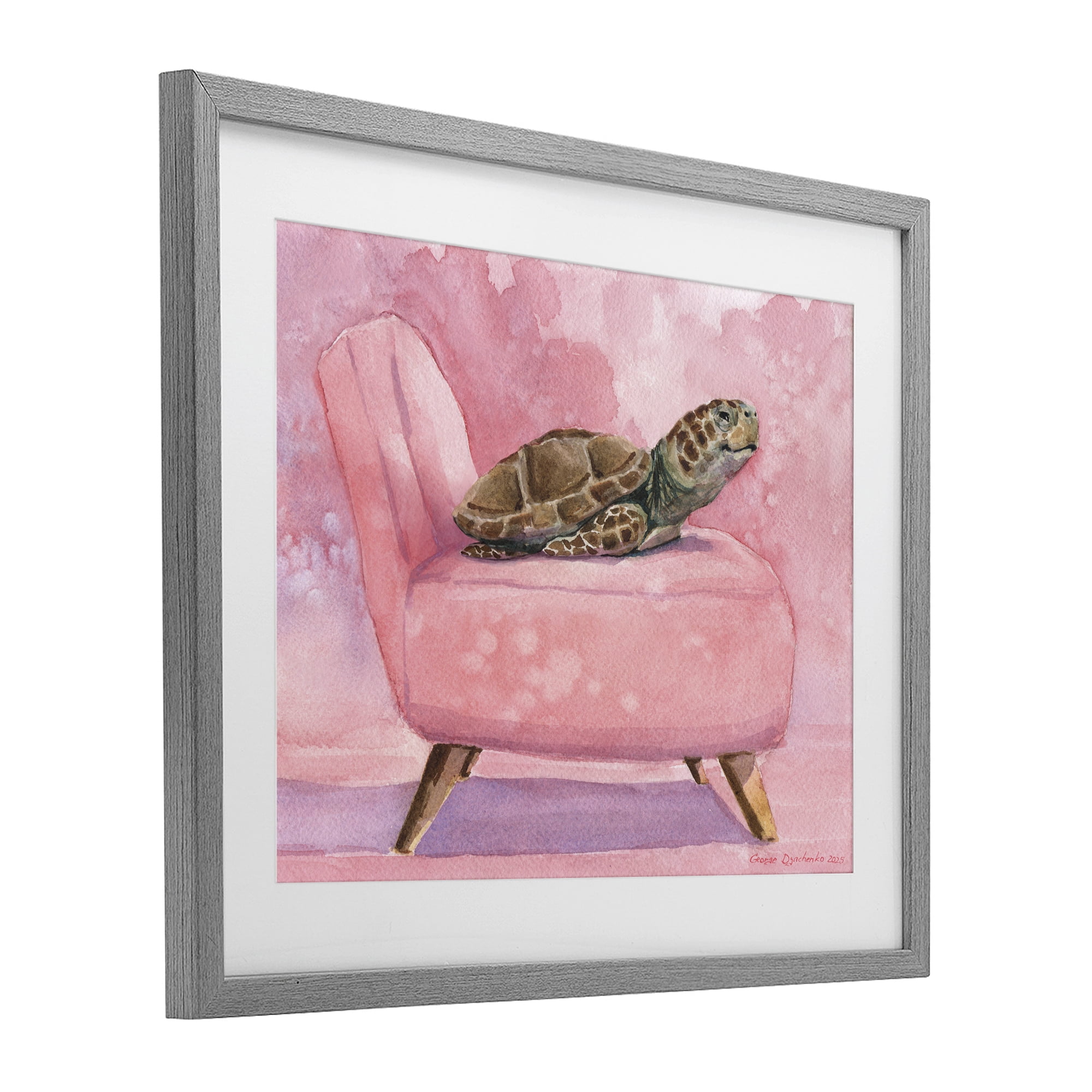 Stupell Industries Happy Turtle on Pink Chair Gray Framed Print Under Glass, design by George Dyachenko