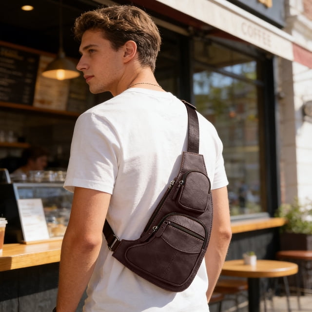 Bolsa de cuero para el pecho para hombres y mujeres Bolsa impermeable tipo bandolera con correa ajustable en bolsillos antirrobo para viajes, desplazamientos y deportes