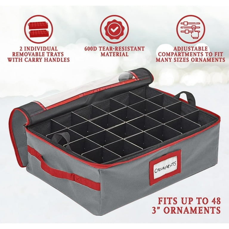 Underbed Christmas Ornament Storage Box With Dividers – Holds Up To 48 Ornaments, 2 Removable Trays (Grey)