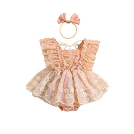 

FEORJGP Toddler Baby Girls Summer Rompers Dress Newborn 6M 12M 18M 24M Fly Sleeve Jumpsuit Lace Flower Embroidery Skirt Hem Bodysuits Ruched Square Neh Headband Infant Cute Clothes for Party