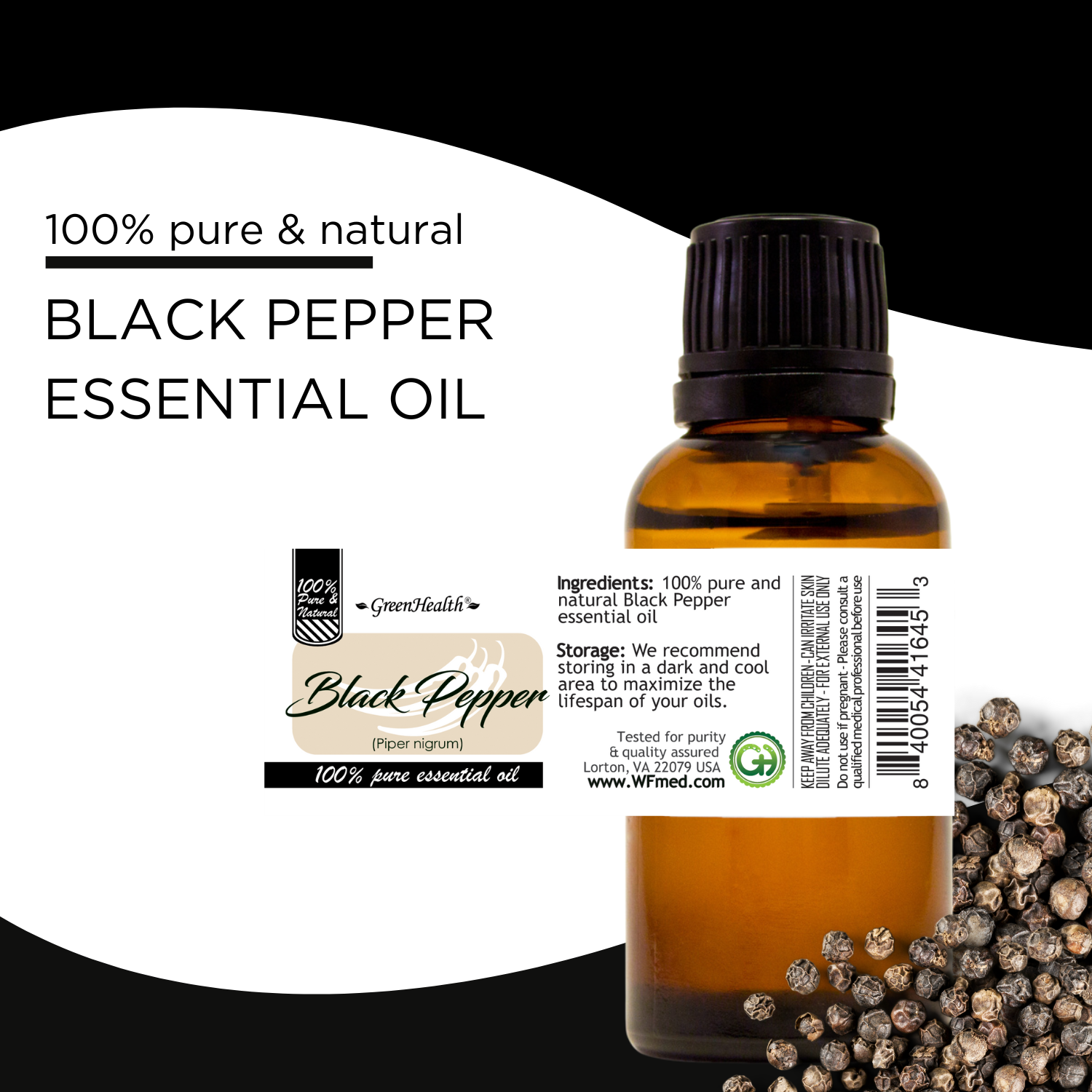 GreenHealth  Black Pepper Essential Oil 4 fl oz (118 ml) Glass Bottle with Cap
