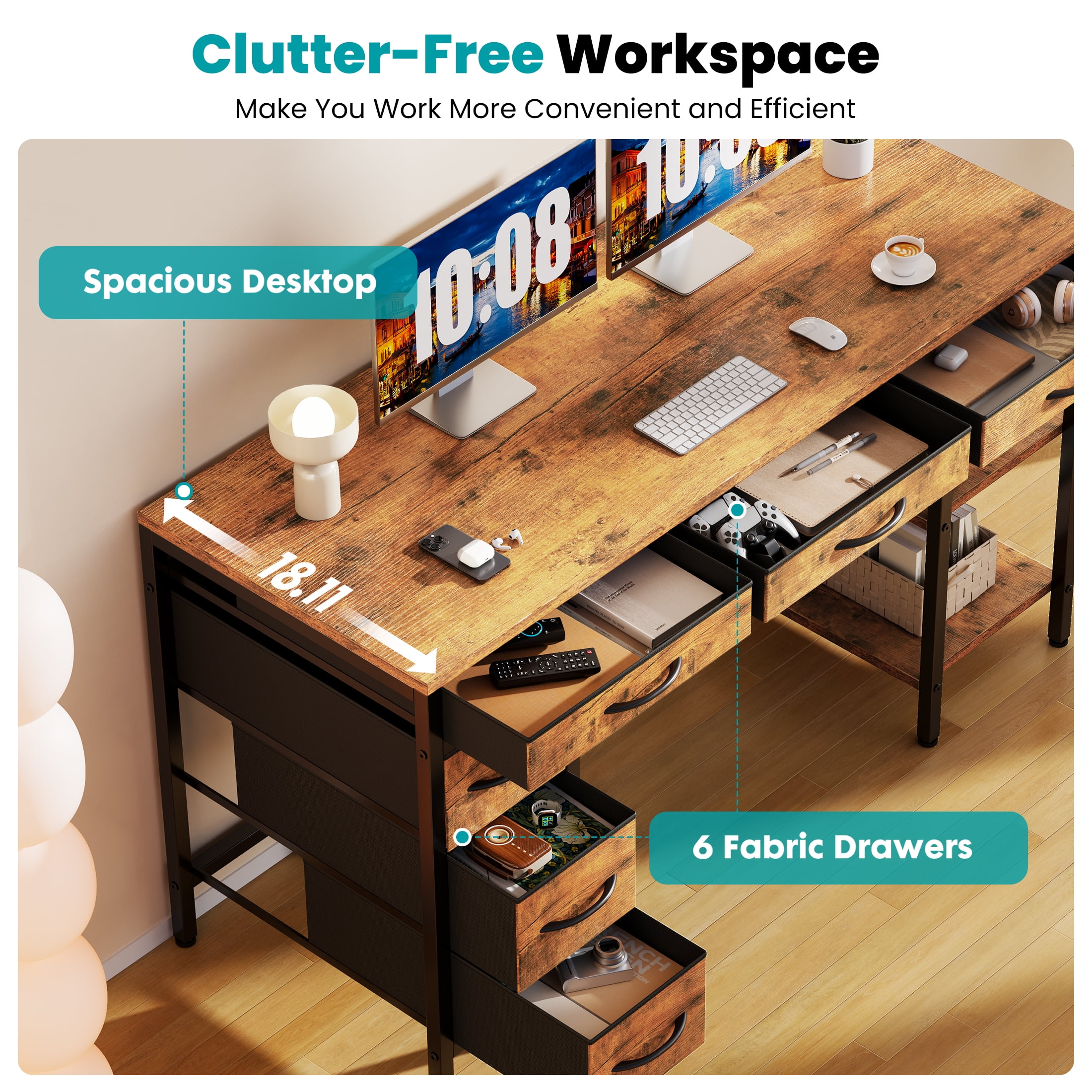 CONCETTA 47 inch Computer Desk with 6 Drawers & 2 Open Shelves, Modern Home Office Desk with Storage, Writing Study Desk for Bedroom, Workspace，Rust
