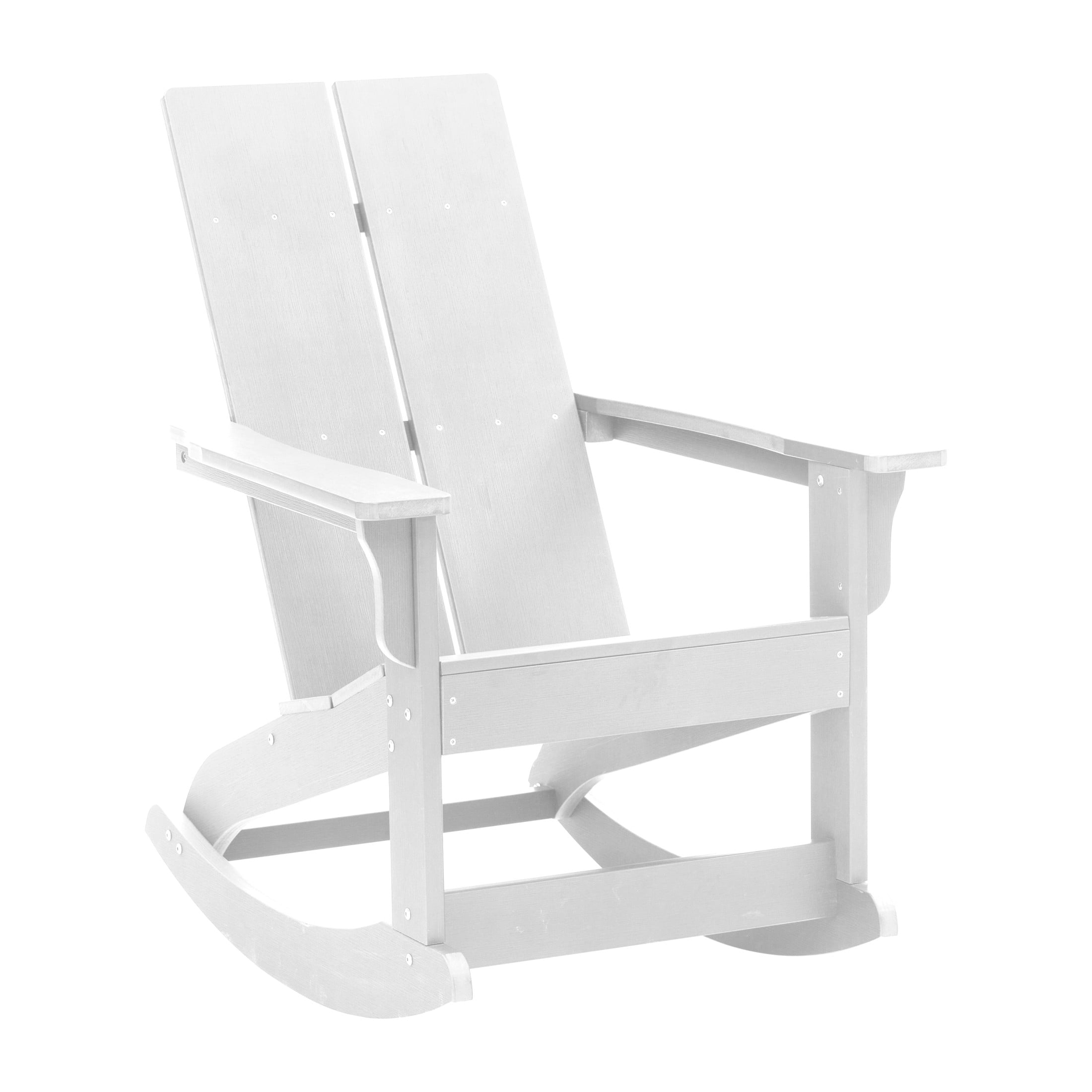 BizChair Modern Commercial Grade All-Weather 2-Slat Poly Resin Wood Rocking Adirondack Chair with Rust Resistant Stainless Steel Hardware in White