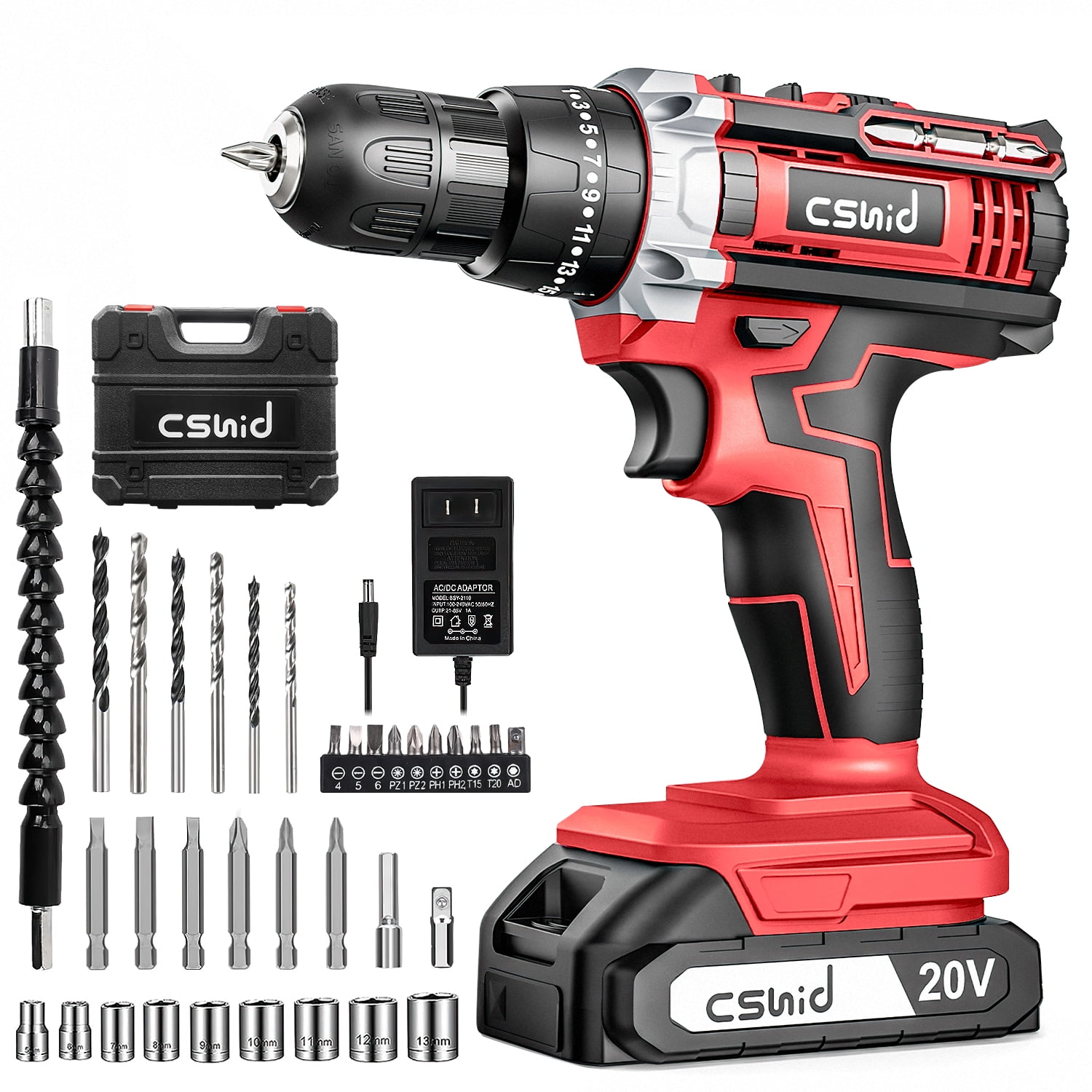 Cshidworld 20V Cordless Power Drill Set, Drill Kit with 1 Lithium-Ion & Charger, 3/8" Keyless Chuck, Electric Drill W/ 2 Variable Speed & LED Light, 25+1 Position and 34pcs Drill/Driver Bits(Red)