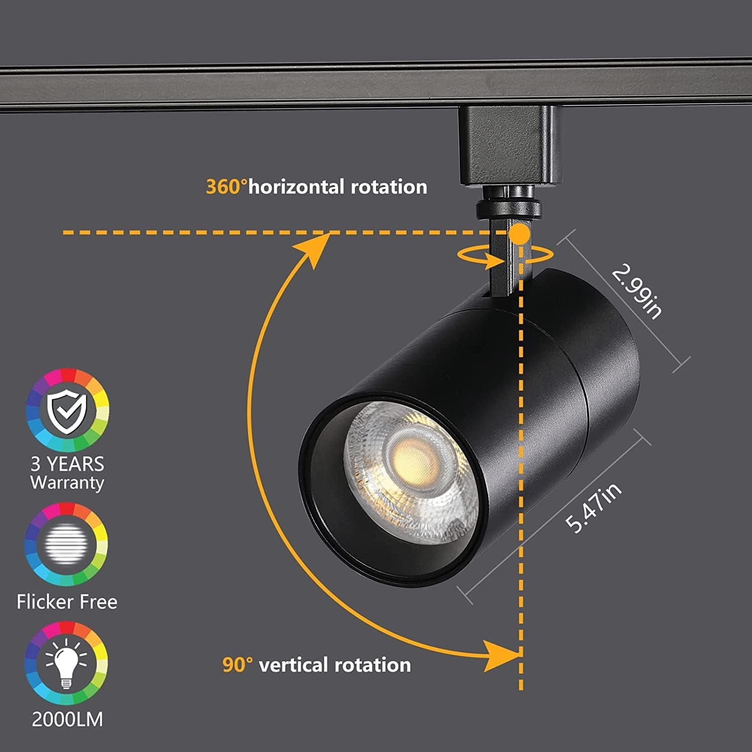 VANoopee 3-Color 20W Dimmable LED Track Lighting Heads H Type - Bright Track Light Fixtures Ceiling Spotlight for Kitchen, 3000K 4000K 5000K Selectable, 6 Pack, Flicker Free CRI90+ 36° 2000lm Black