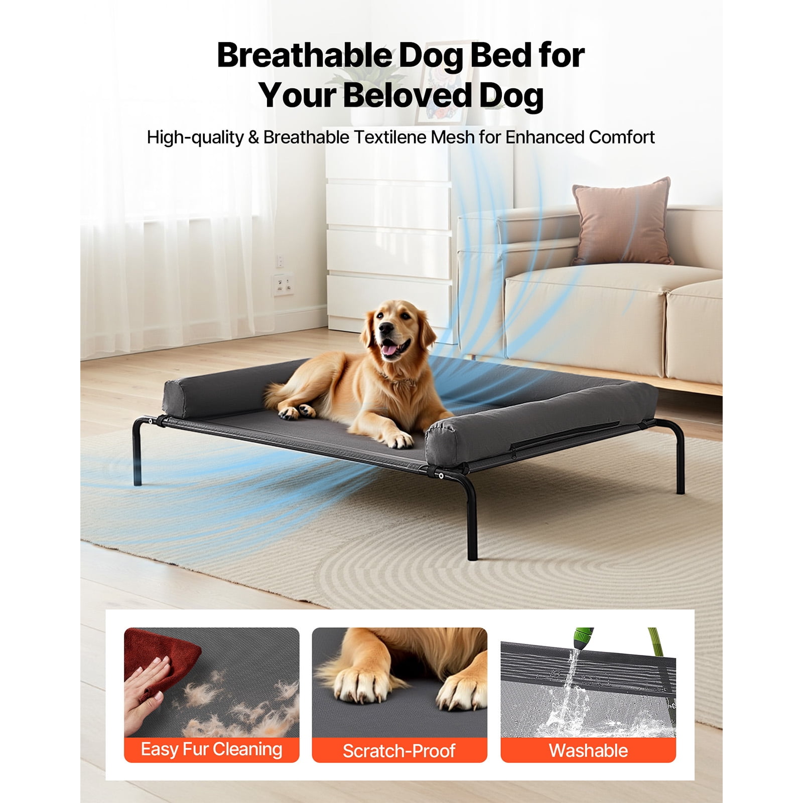 KFFKFF Elevated Dog Bed, 45" X 38" Pet Bed with Removable Pillow, Breathable Mesh, Durable Bed for Large Pet, Gray