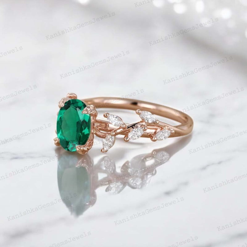 KANISHKAGEMS&JEWELS 2Ct 8x6mm /Oval Emerald Engagement Ring CZ Diamond Leaf Twig Ring Nature Inspired Women Jewelry Anniversary Gift For Wife