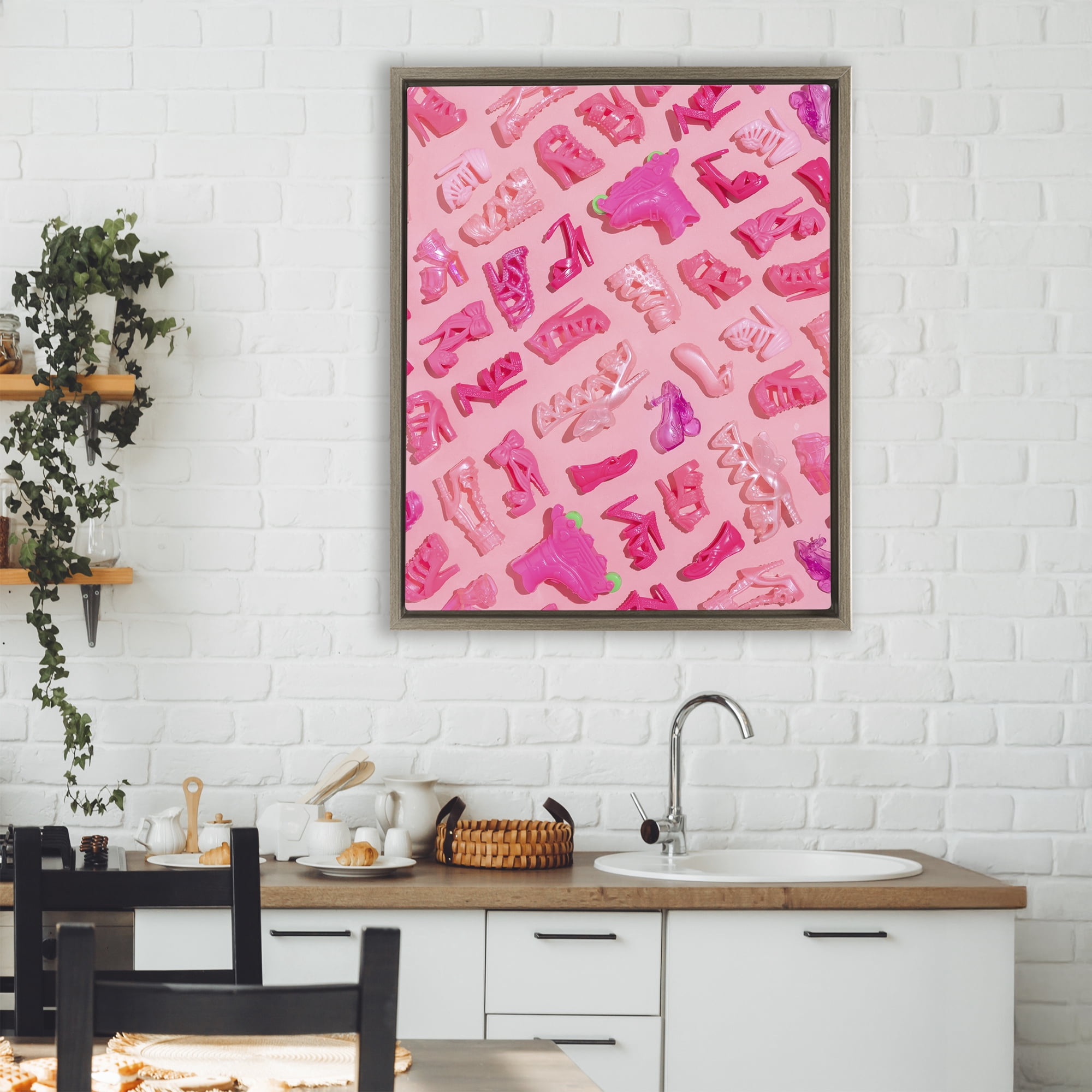 Stupell Industries Tiny Doll Shoes Pink Brown Framed Floater Canvas Wall Art, design by LISH Creative