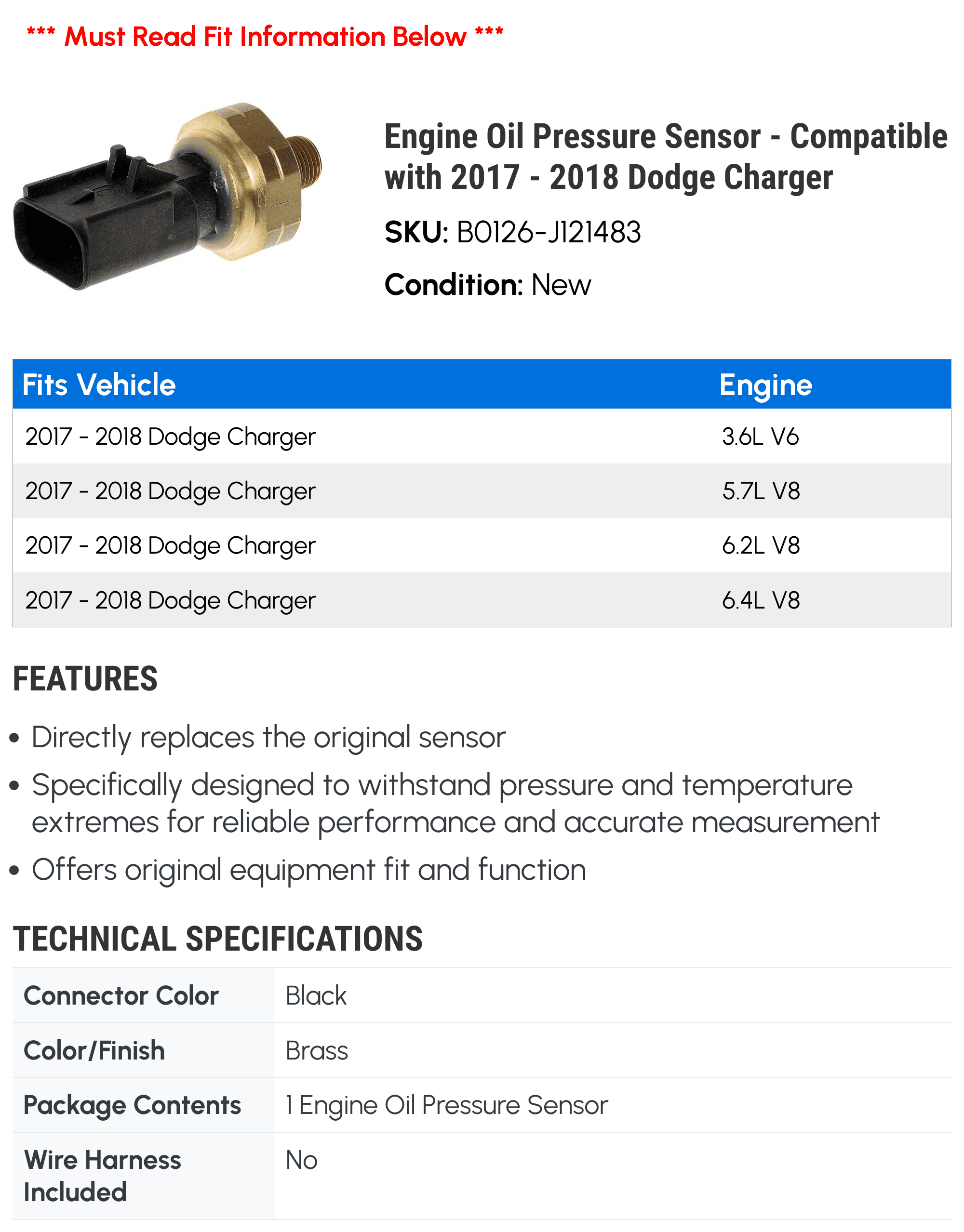 Engine Oil Pressure Sensor - Compatible with 2017 - 2018 Dodge Charger - Dorman