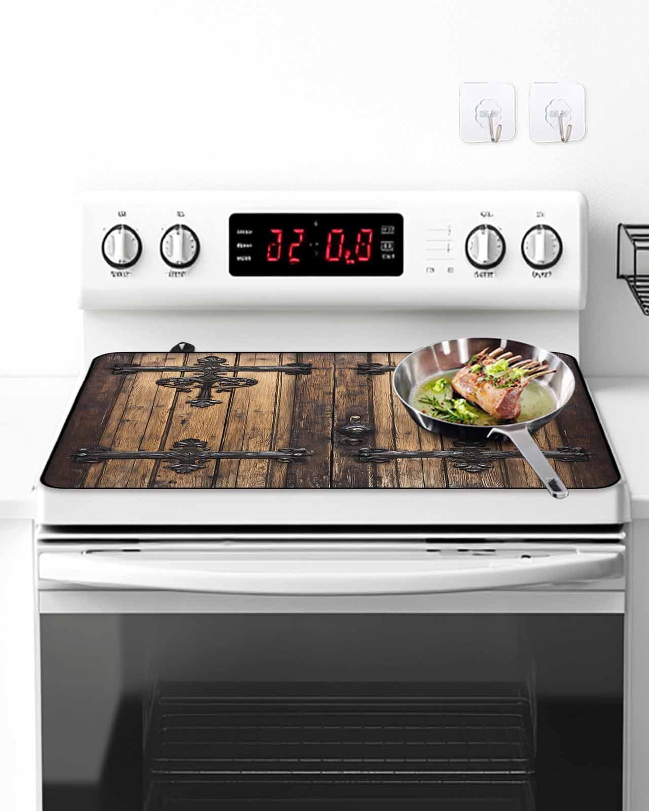 Stove Top Covers for Electric Stove, Rustic Wooden Door Glass Stovetop Cover Protector, Brown Black Farmhouse Country Vintage Induction Cooktop Protector Oven Mat for Kitchen Countertop 24"x21"
