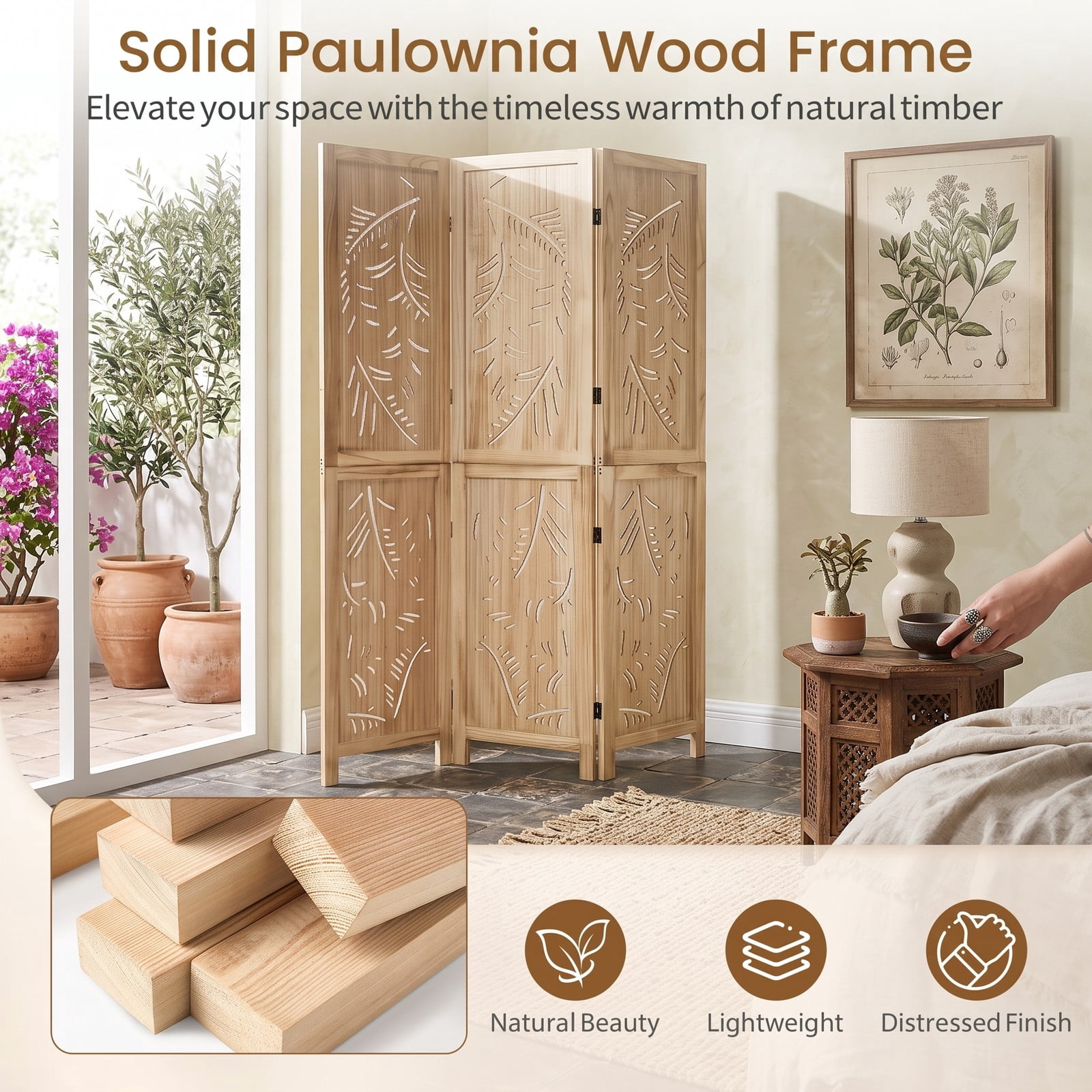 ALPULON 3-Panel Wooden Room Divider Freestanding Folding Privacy Screen with Palm Leaf Design and Paulownia Wood Frame for Living Room Bedroom Office, Natural