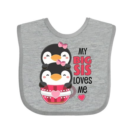 

Inktastic My Big Sis Loves Me- cute teacup penguins little sister Gift Baby Girl Bib