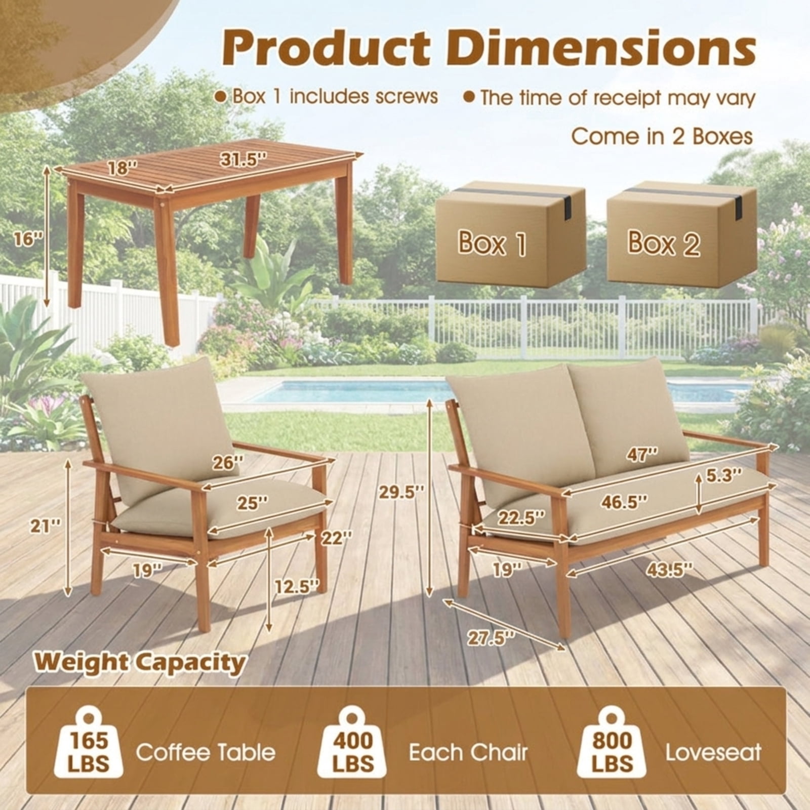 Biotree 4 Piece Outdoor Acacia Wood Conversation Set patio furniture set with soft cushions and coffee table for garden backyard and porch, White