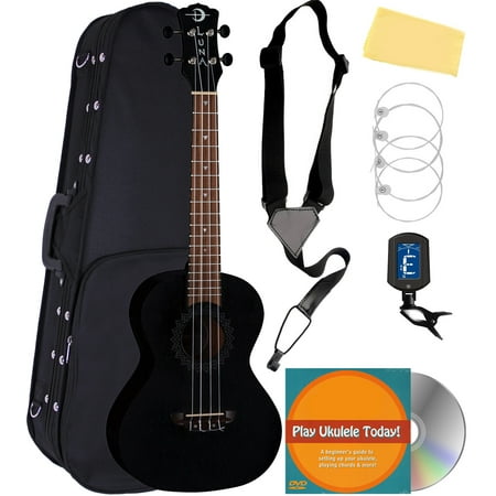 Luna Vintage Mahogany Tenor Ukulele - Black Satin Bundle with Hard Case, Strap, Tuner, Strings, Austin Bazaar Instructional DVD, and Polishing Cloth