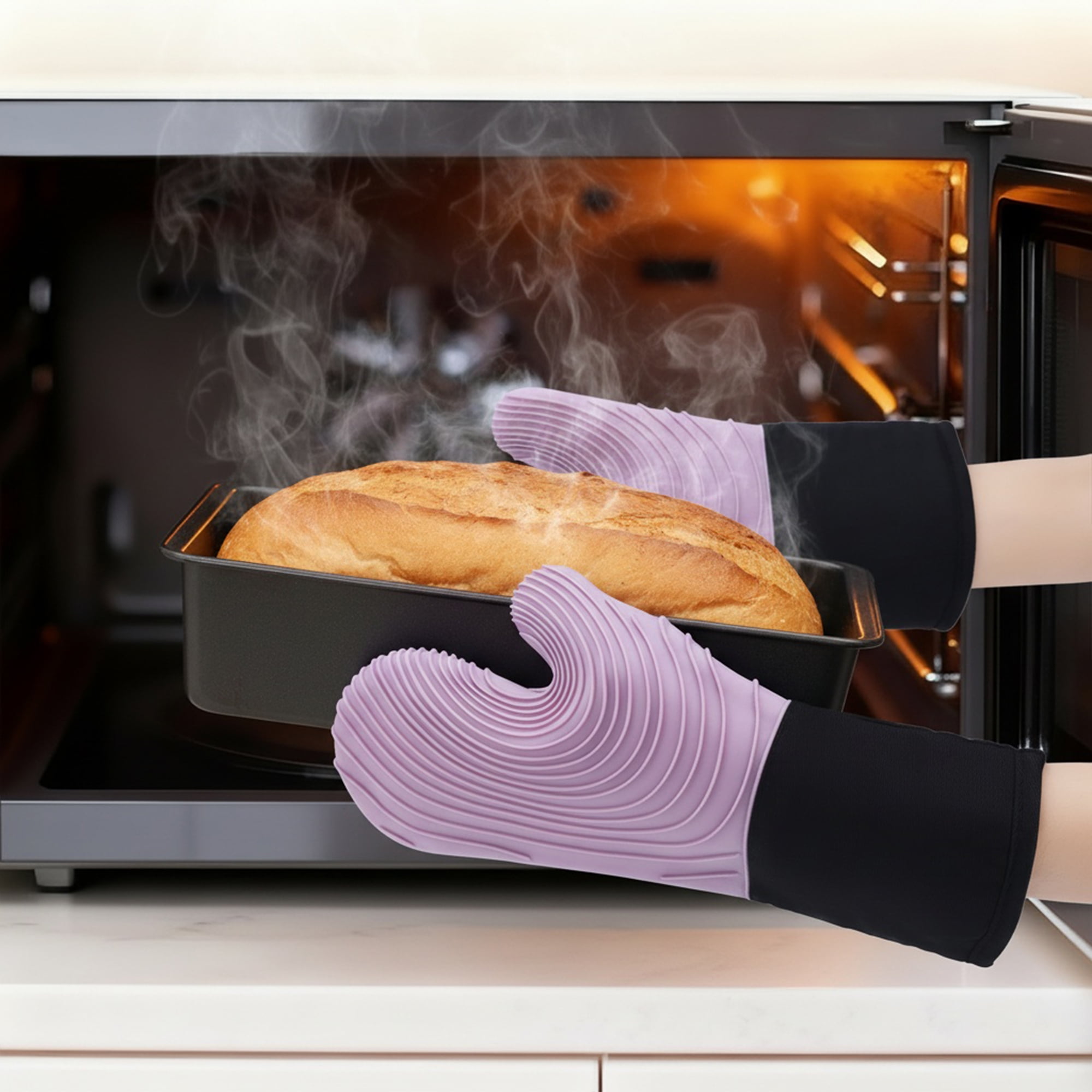 Unique Bargains Cotton Oven Mitts Heat-Resistant Cooking Gloves Purple 13.4x7.1inch