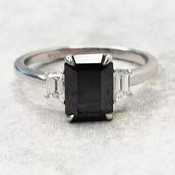 Lab-Created 2Ct Emerald Cut Black Diamond Women's Wedding Ring 14K White Gold Plated