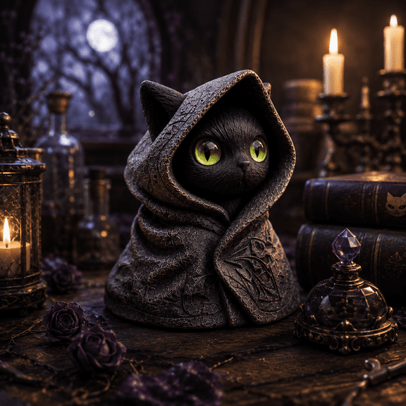 SIYTUAU Mysterious Hooded Cat Statue Halloween Decorative Item For Home Indoor Outdoor Decor Resin Material