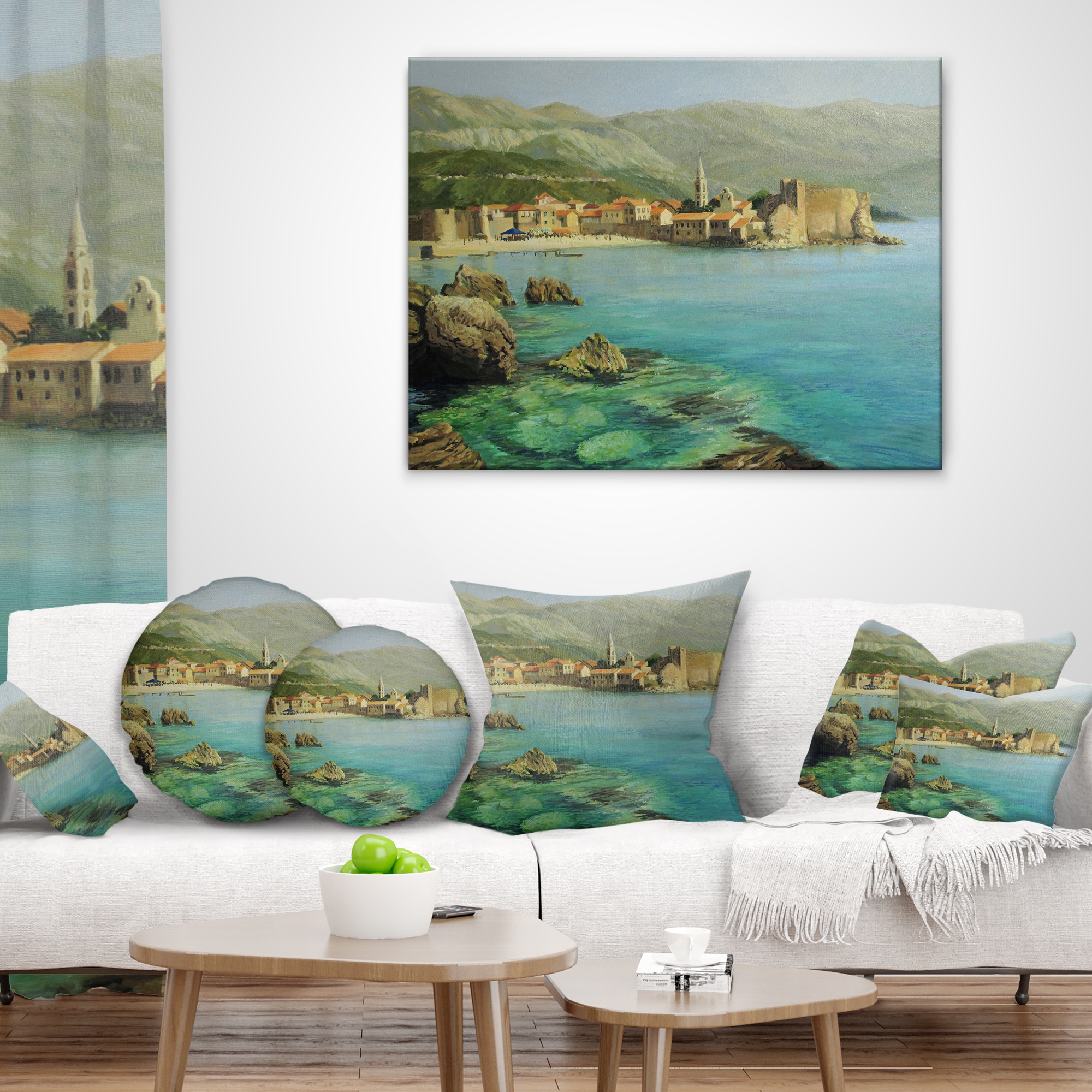 Designart Bay Near Old Budva - Landscape Painting Throw Pillow - 12x20